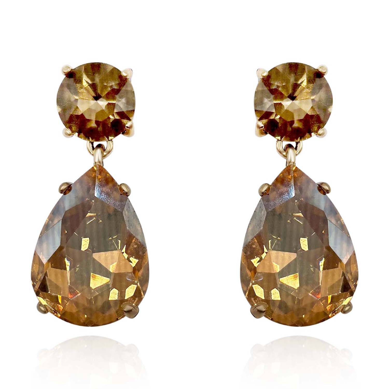 Marina Large Pear Faceted Champagne Crystal Drop Earrings In Brass With Gold Plating
