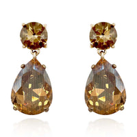 Large Pear-Faceted Champagne Crystal Drop Earrings In Brass With Gold Plating