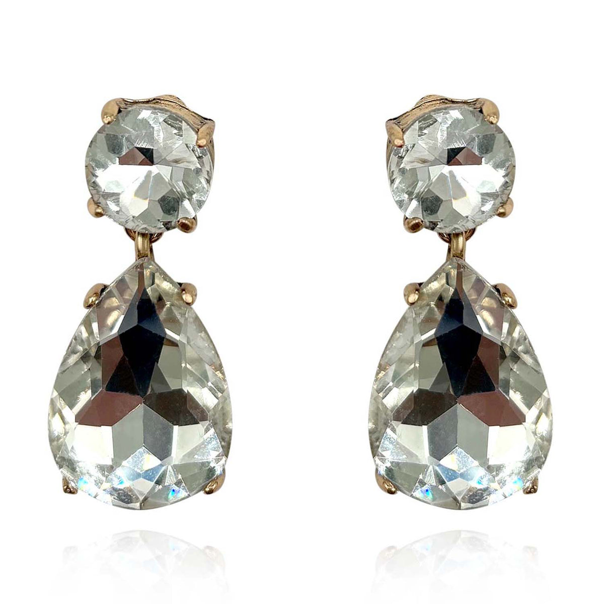 Large Pear-Faceted Crystal Drop Clip On Earrings In Brass With Gold Plating