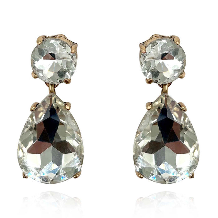 Large Pear-Faceted Crystal Drop Clip On Earrings In Brass With Gold Plating