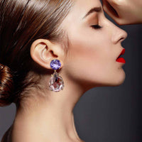 Large Pear-Faceted Rose And Light Amethyst Clip On Crystal Drop Earrings In Brass With Gold Plating