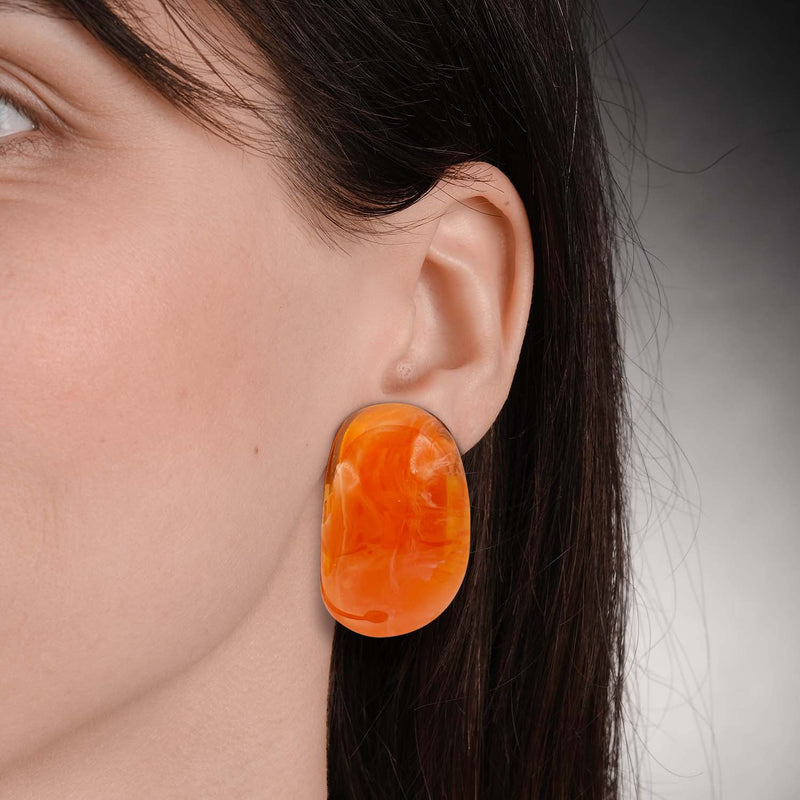 Orange Marbled Resin Semi Hoop Clip On Earrings