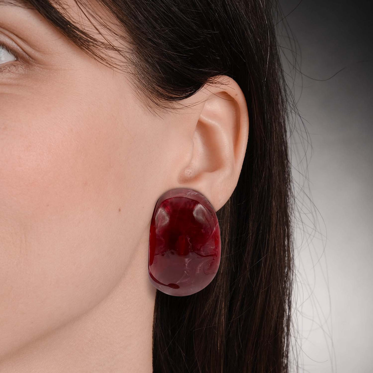 Ruby-Burgundy Marbled Resin Semi Hoop Clip On Earrings