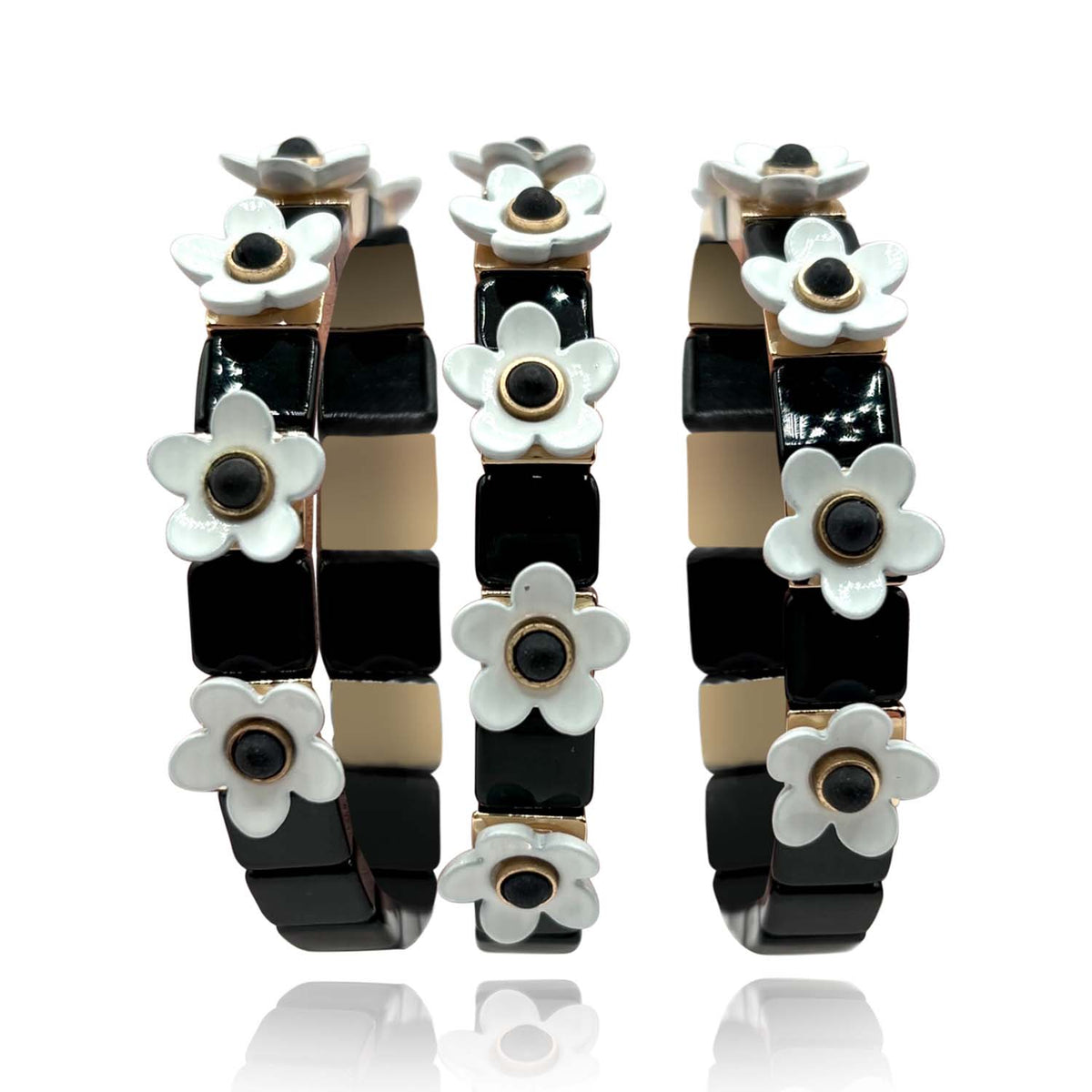 Black And White Floral Enamel Elasticized Bracelets