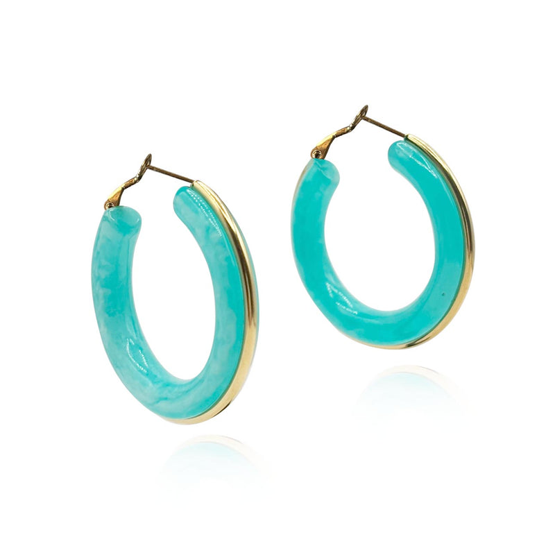 Turquoise Resin Hoop Earrings With Gold Stripe