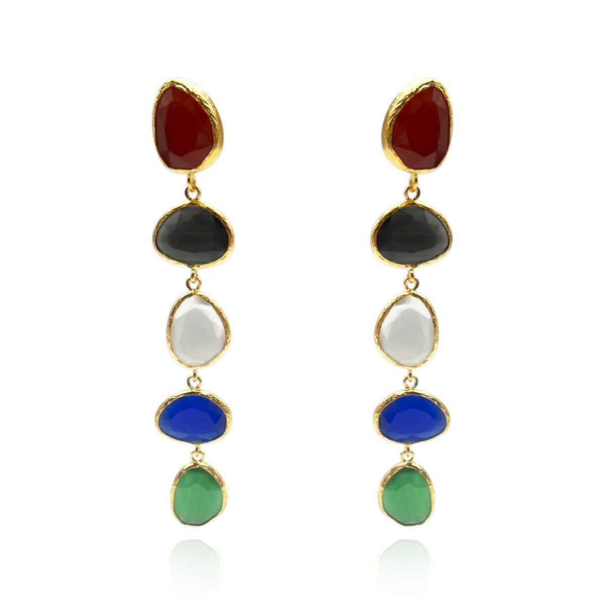 Gold Plated Brass Drop Earrings With Multi-Color Cat's Eye