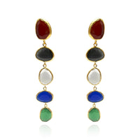 Gold Plated Brass Drop Earrings With Multi-Color Cat's Eye