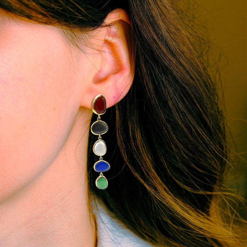 Boucles d'oreilles pendantes en laiton plaqué or avec œil de chat multicolore