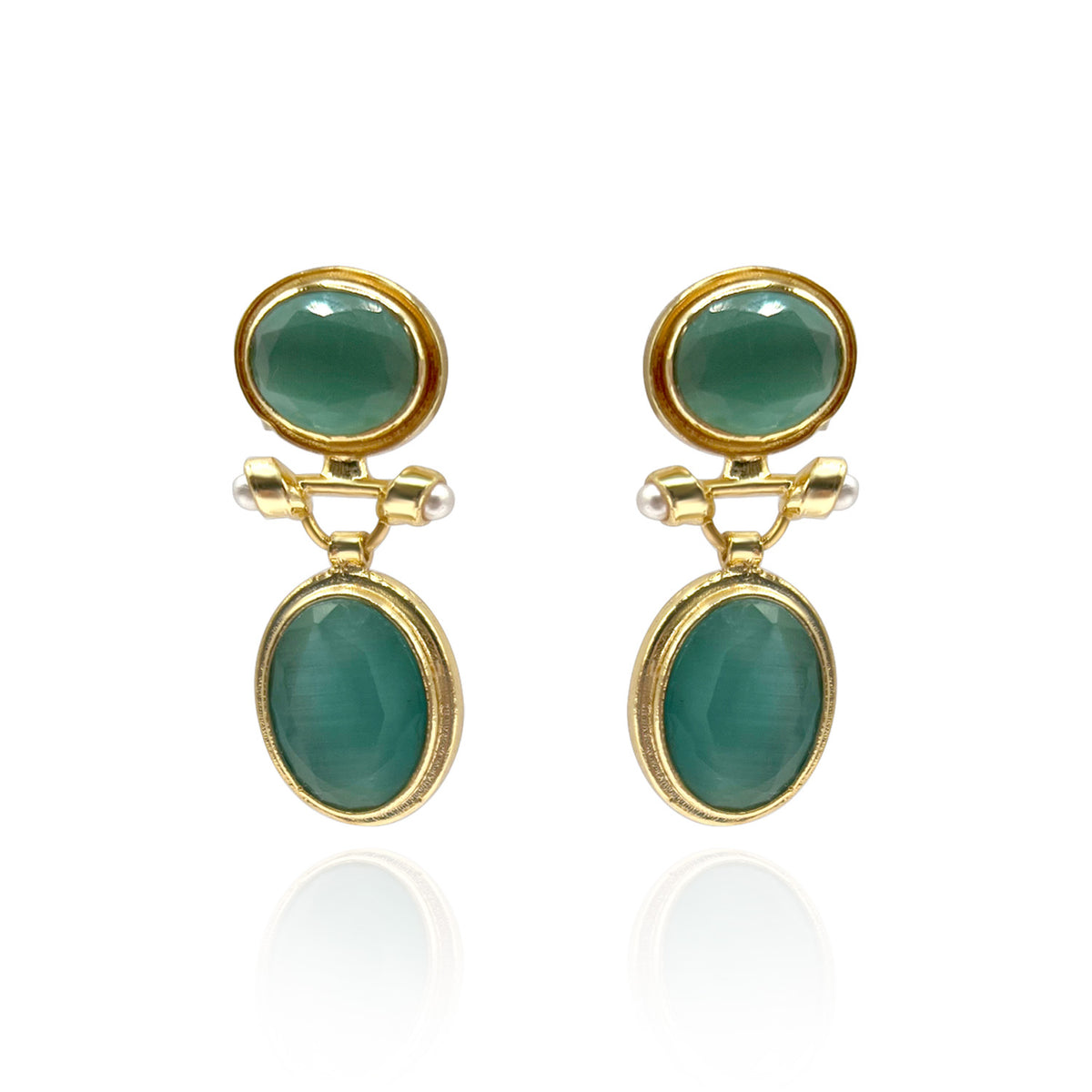 Gold Plated Brass Double Green Cat's Eye Drop Earrings With Pearl Accents