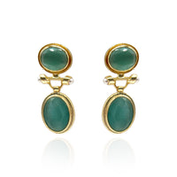 Gold Plated Brass Double Green Cat's Eye Drop Earrings With Pearl Accents