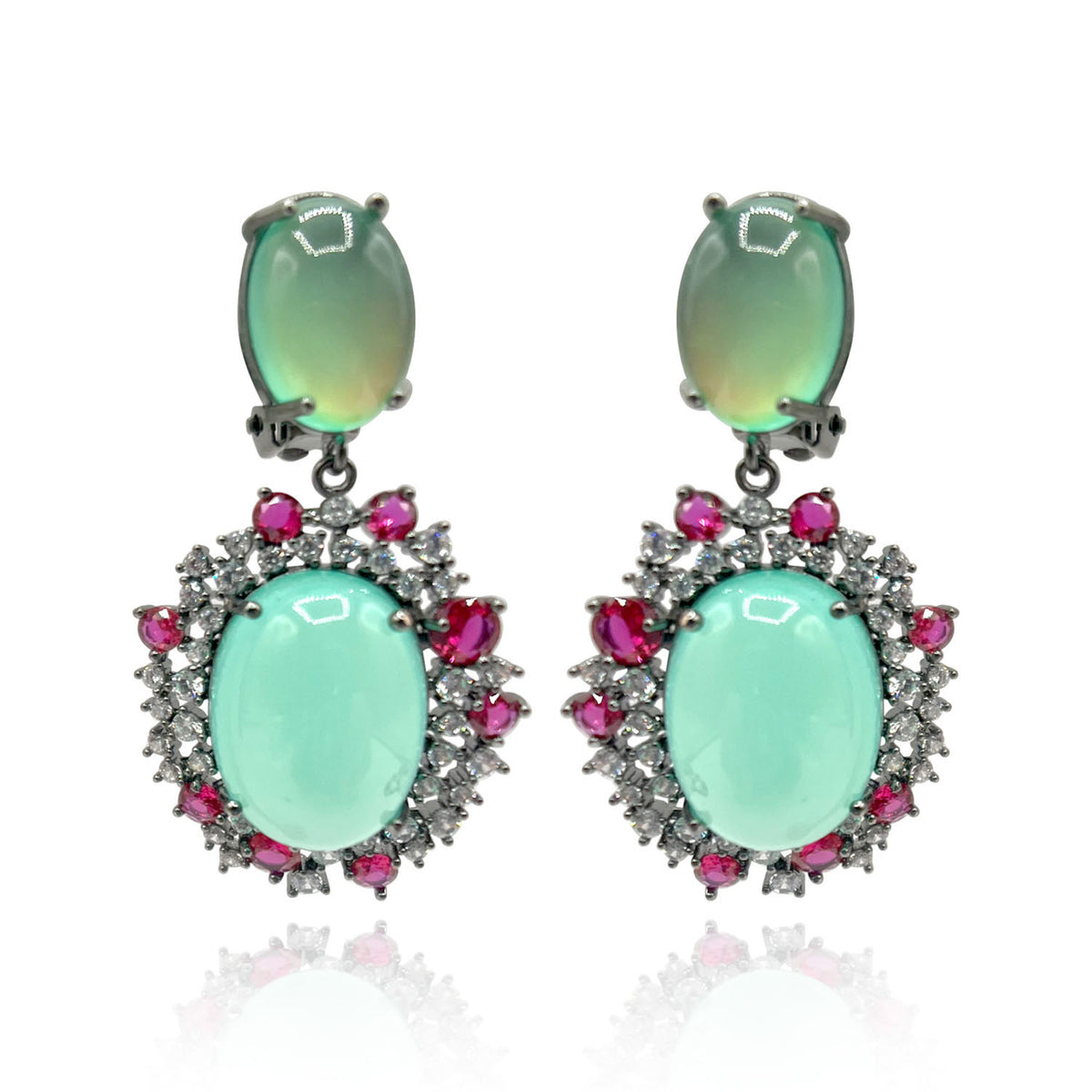 Black Rhodium Earrings With Green Opal Glass, Pink Ruby, And Clear Crystal