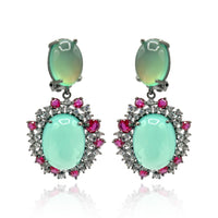 Black Rhodium Earrings With Green Opal Glass, Pink Ruby, And Clear Crystal