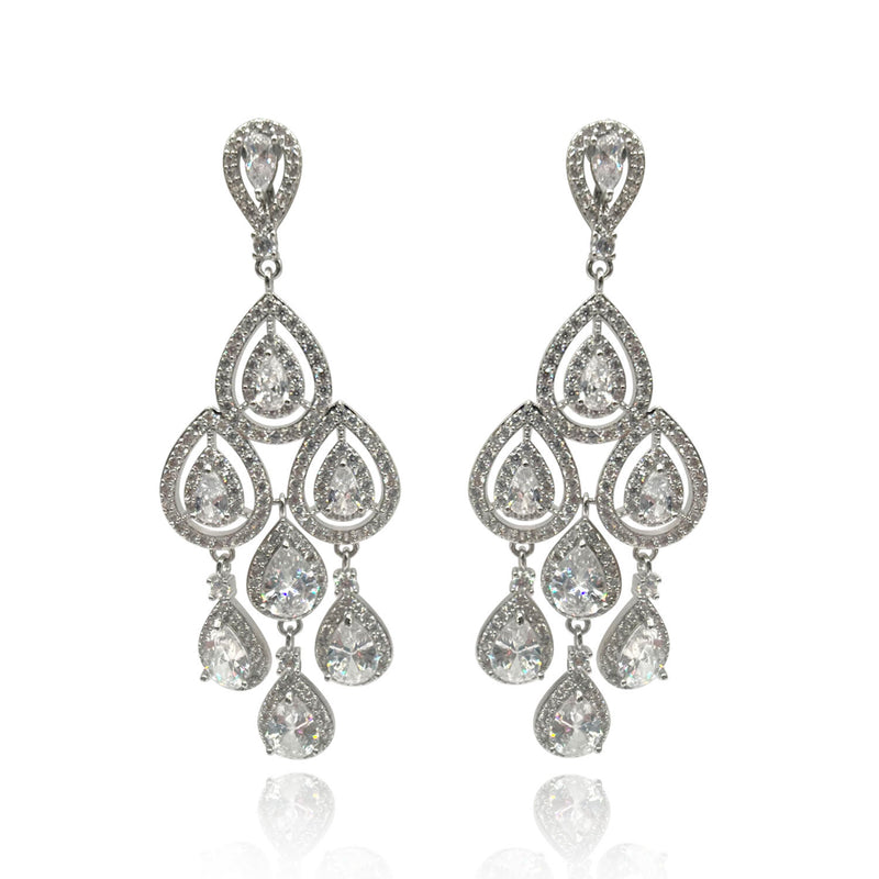 Pear Shape Crystal Drop Clip-On Earrings - Rhodium Setting