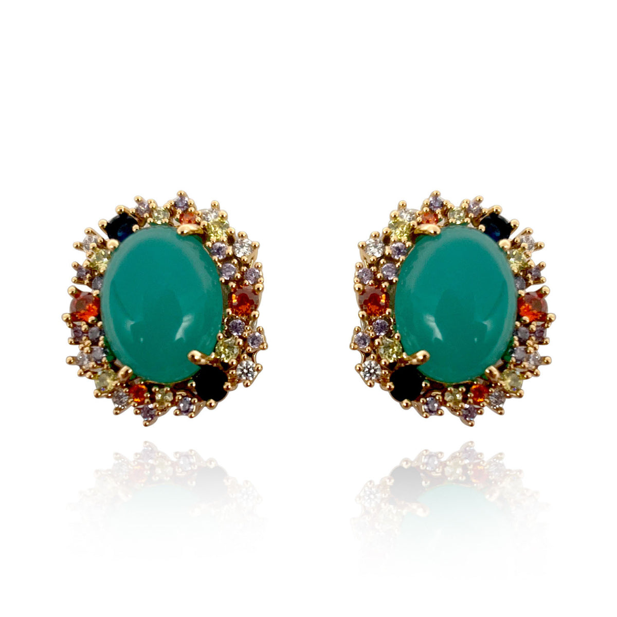 Clip On Earrings With Green Jade Glass And Multi-Color Crystal