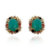 Clip On Earrings With Green Jade Glass And Multi-Color Crystal