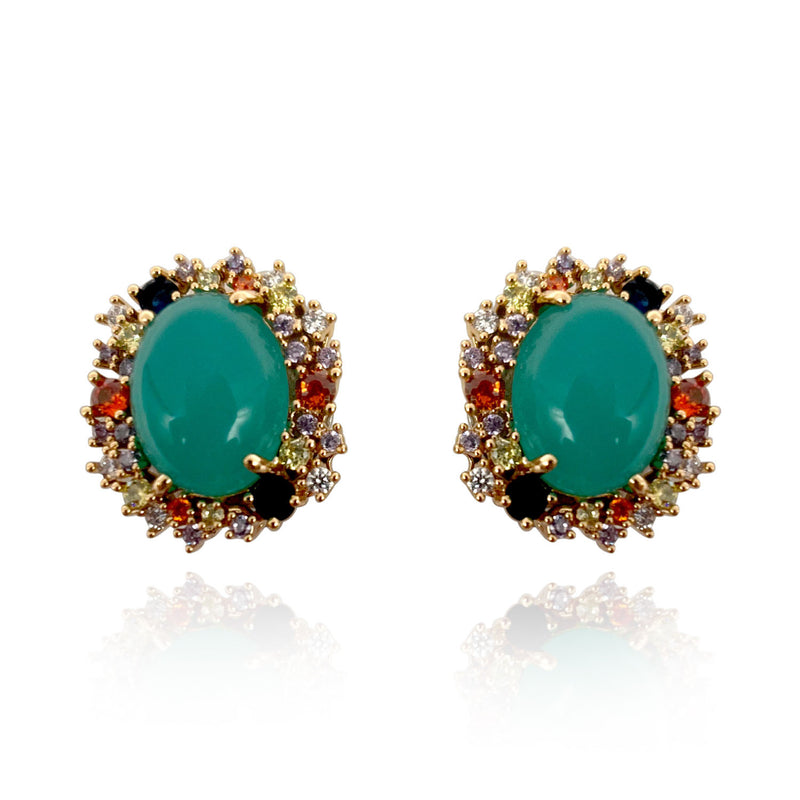 Boucles d'oreilles à clip avec verre de jade vert et cristal multicolore