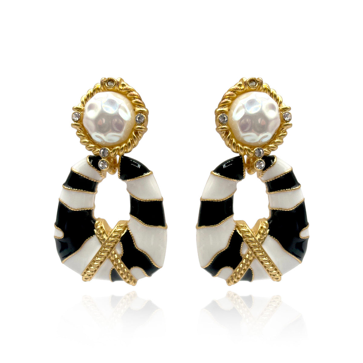 Clip On Doorknocker Earring With Pearl, Enamel, Gold, And Crystal Accents