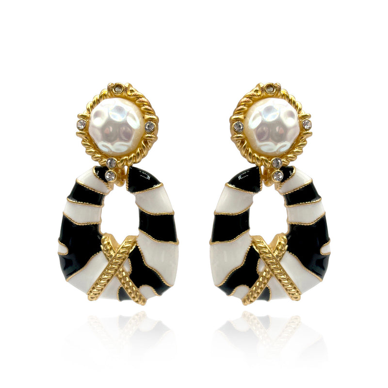 Clip On Doorknocker Earring With Pearl, Enamel, Gold, And Crystal Accents