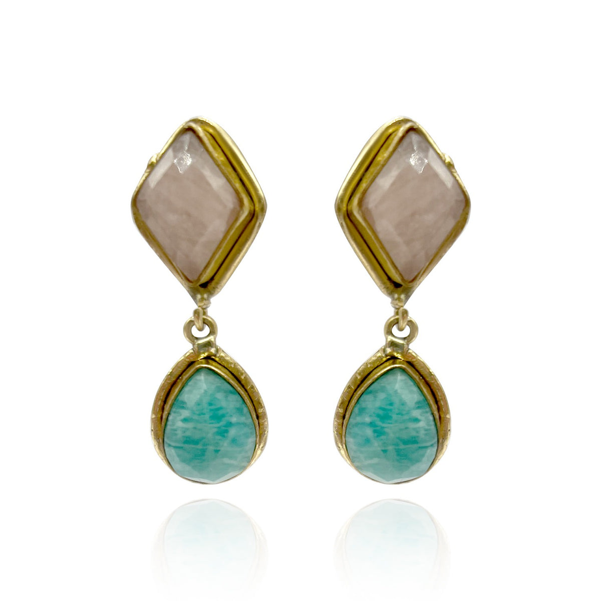 Gold Plated Brass Clip Earrings With Faceted Rose Quartz And Amazonite