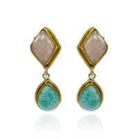 Gold Plated Brass Clip Earrings With Faceted Rose Quartz And Amazonite