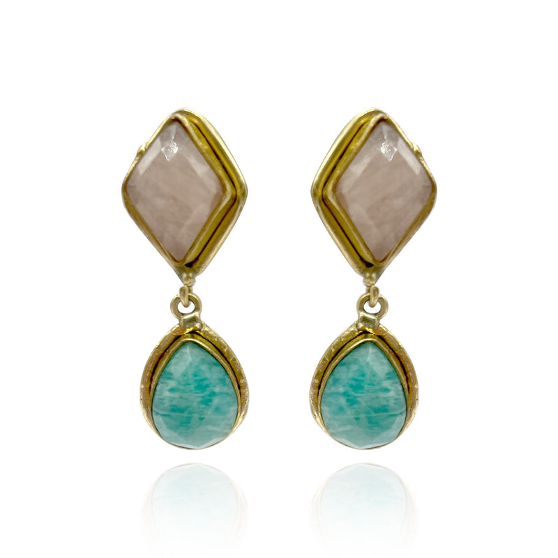 Gold Plated Brass Clip Earrings With Faceted Rose Quartz And Amazonite