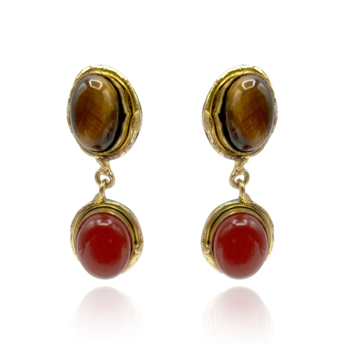 Gold Plated Brass Clip On Earrings With Carnelian And Tigereye