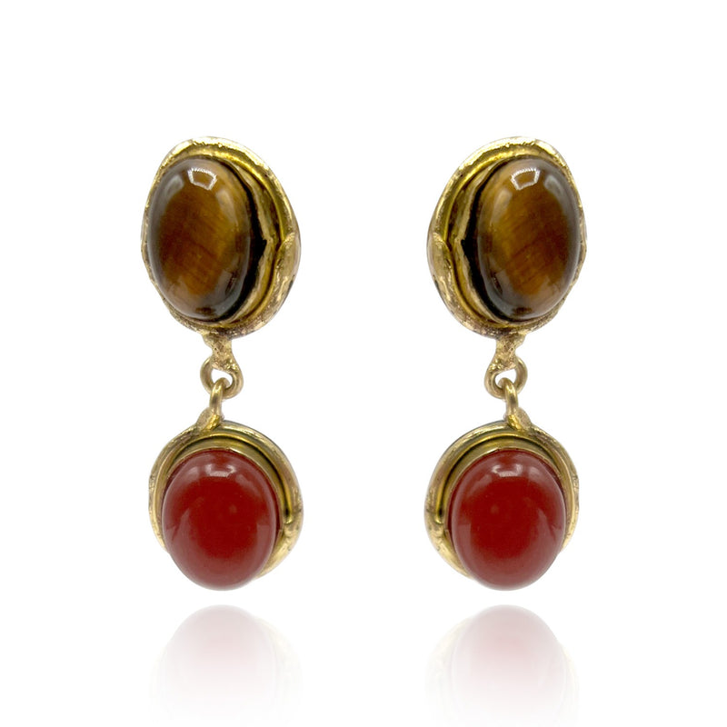 Gold Plated Brass Clip On Earrings With Carnelian And Tigereye