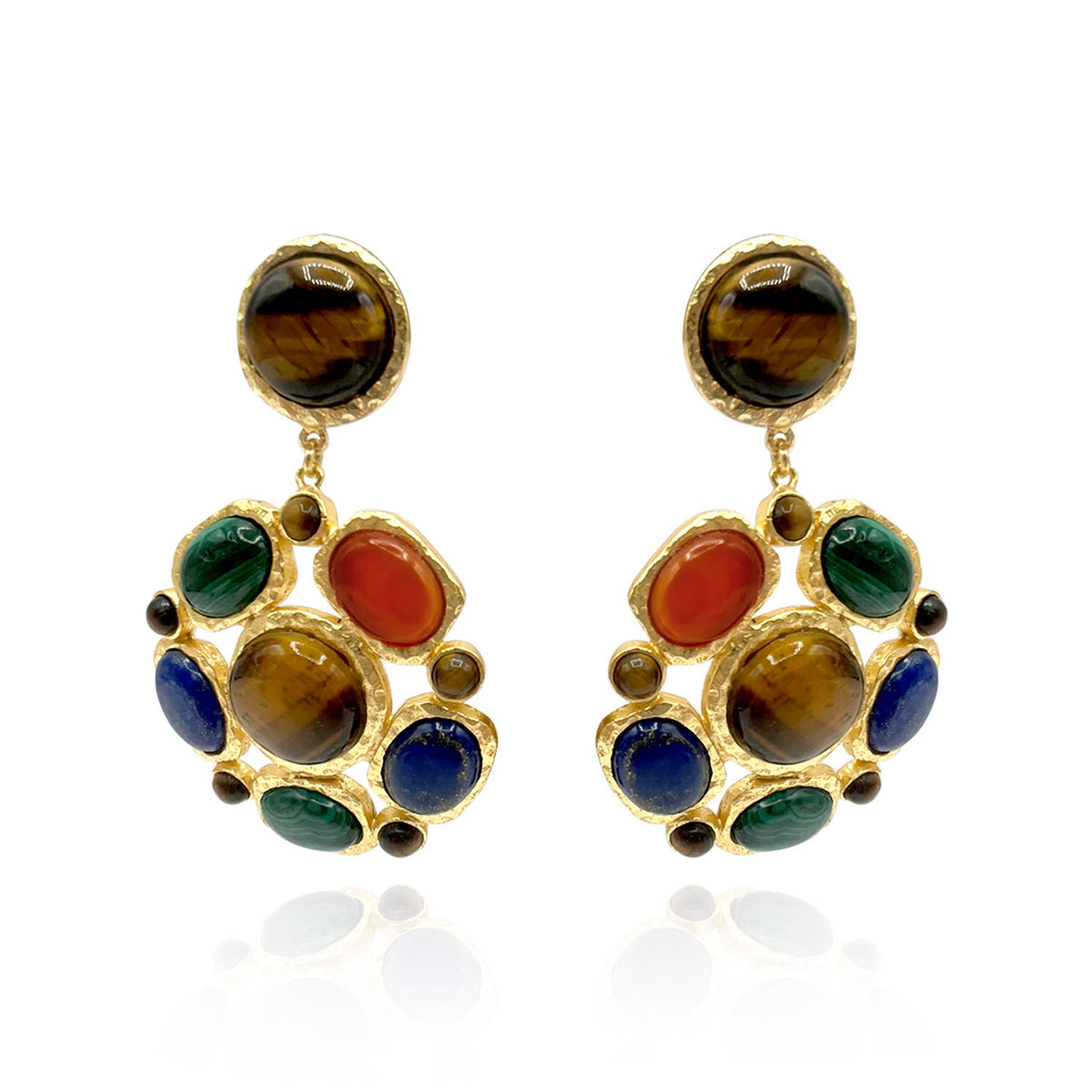 Gold Plated Brass Clip On Earrings With Multi Semi-Precious Cabochons