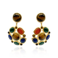 Gold Plated Brass Clip On Earrings With Multi Semi-Precious Cabochons