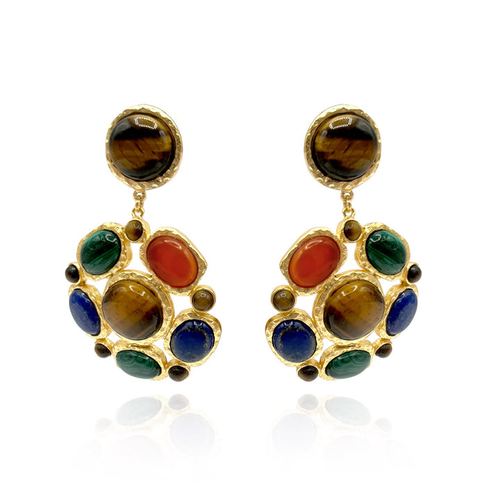 Gold Plated Brass Clip On Earrings With Multi Semi-Precious Cabochons