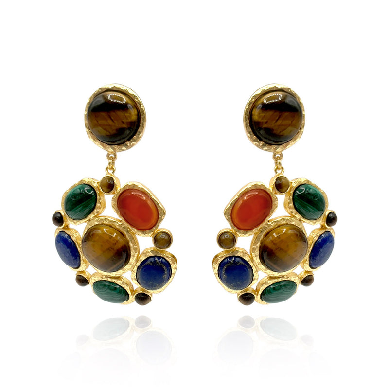 Gold Plated Brass Clip On Earrings With Multi Semi-Precious Cabochons