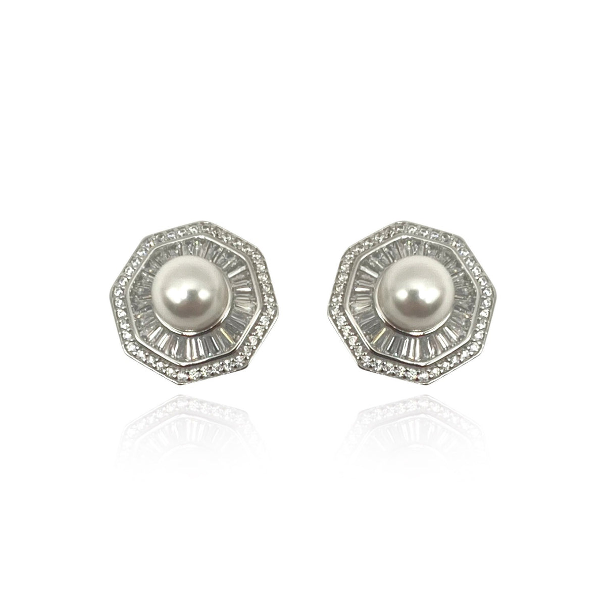 Sterling Silver Octagon Pearl Clip On Buttons With Cubic Ziirconium Baguettes