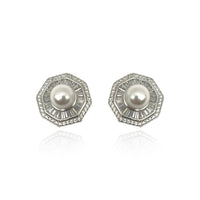 Sterling Silver Octagon Pearl Clip On Buttons With Cubic Ziirconium Baguettes