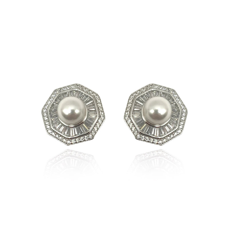 Sterling Silver Octagon Pearl Clip On Buttons With Cubic Ziirconium Baguettes