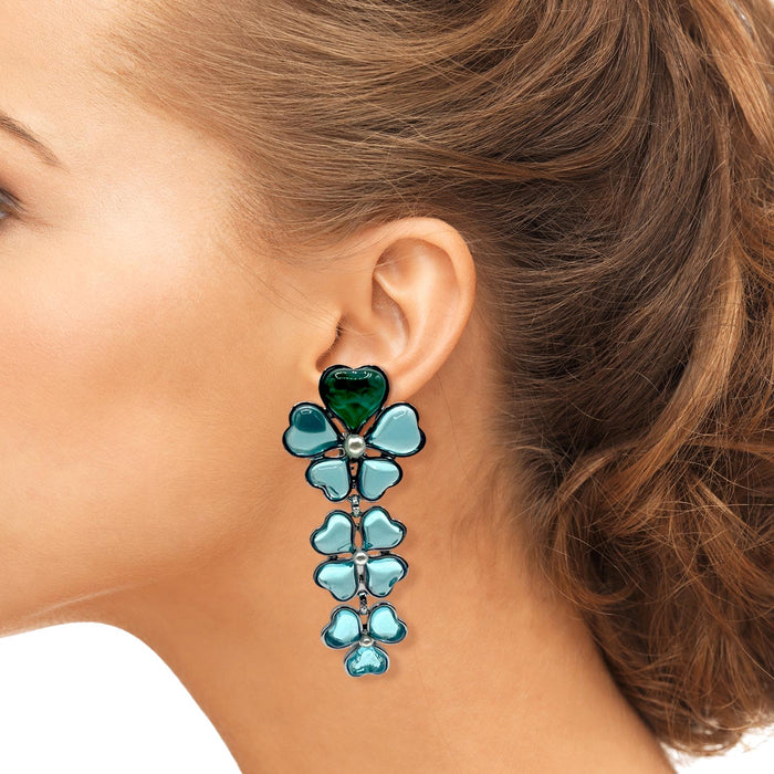 Boucles d'oreilles pendantes à clip floral en résine, grandes, bleu clair et émeraude