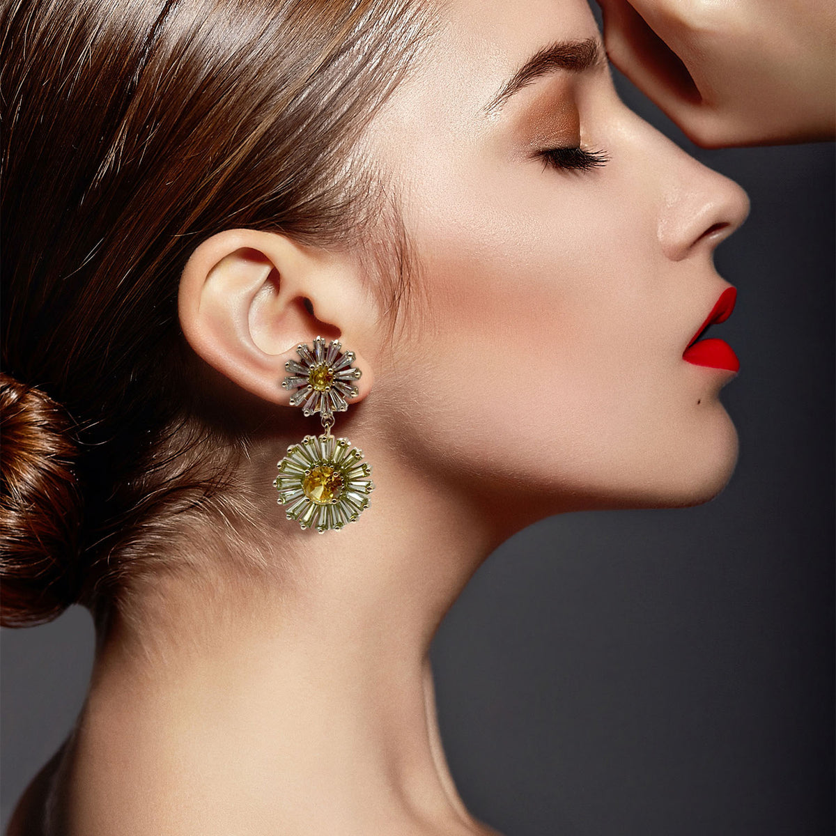 Clip On Drop Earrings With Floral Crystal And Yellow Diamonds