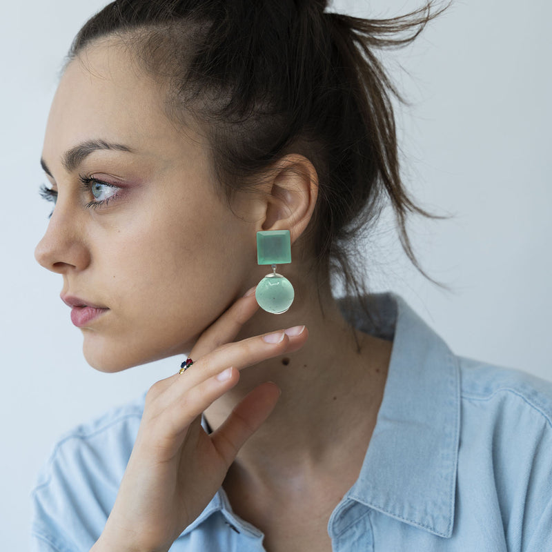 Clip On Italian Resin Earrings With Mirrored Faceted Tops And Light Turquoise Ball Drops