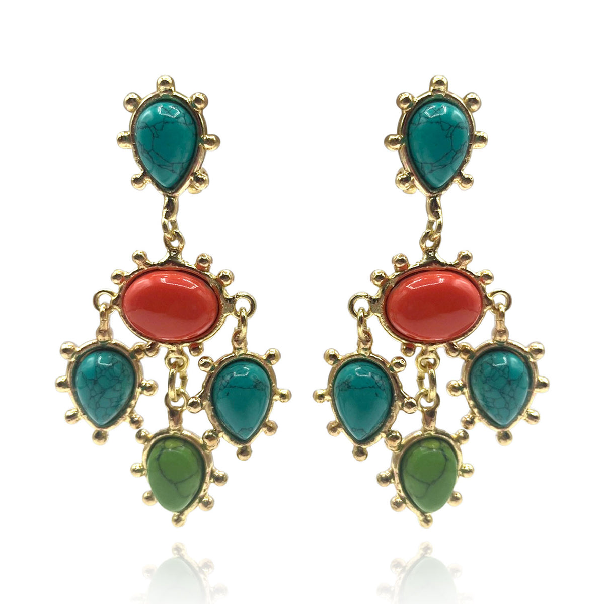 Boucles d'oreilles à clip avec gouttes ovales et poires turquoise et corail