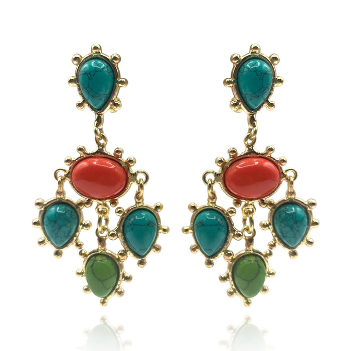 Clip On Earrings With Turquoise And Coral Pear And Oval Drops