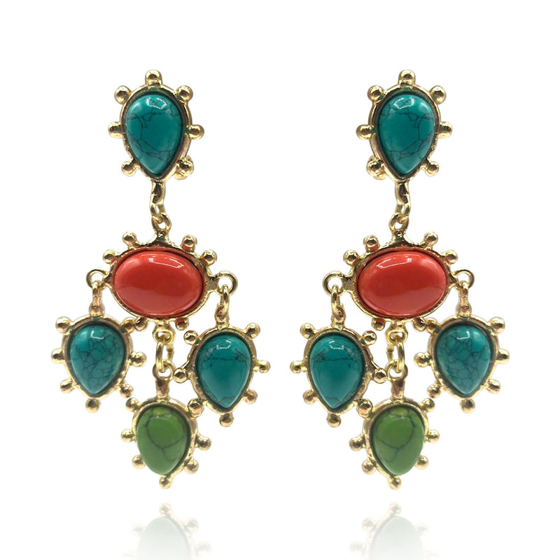 Clip On Earrings With Turquoise And Coral Pear And Oval Drops