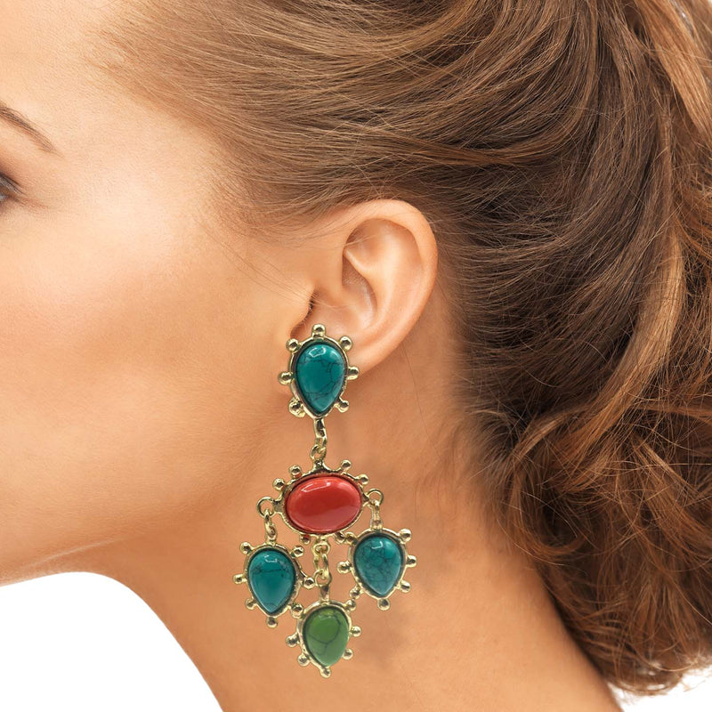 Clip On Earrings With Turquoise And Coral Pear And Oval Drops