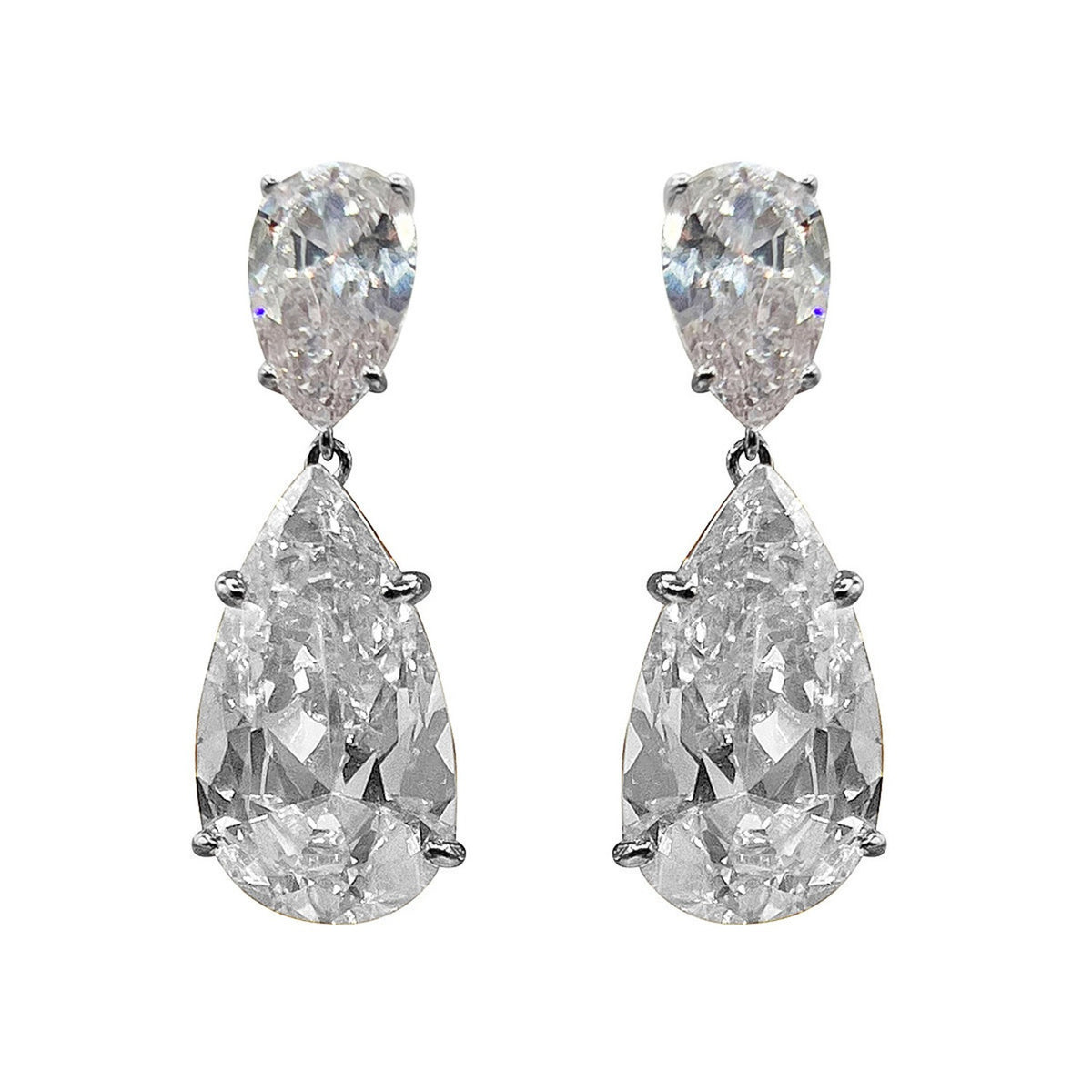 Large Pear Double Cubic Zirconai And Sterling Silver Drop Clip On Earrings