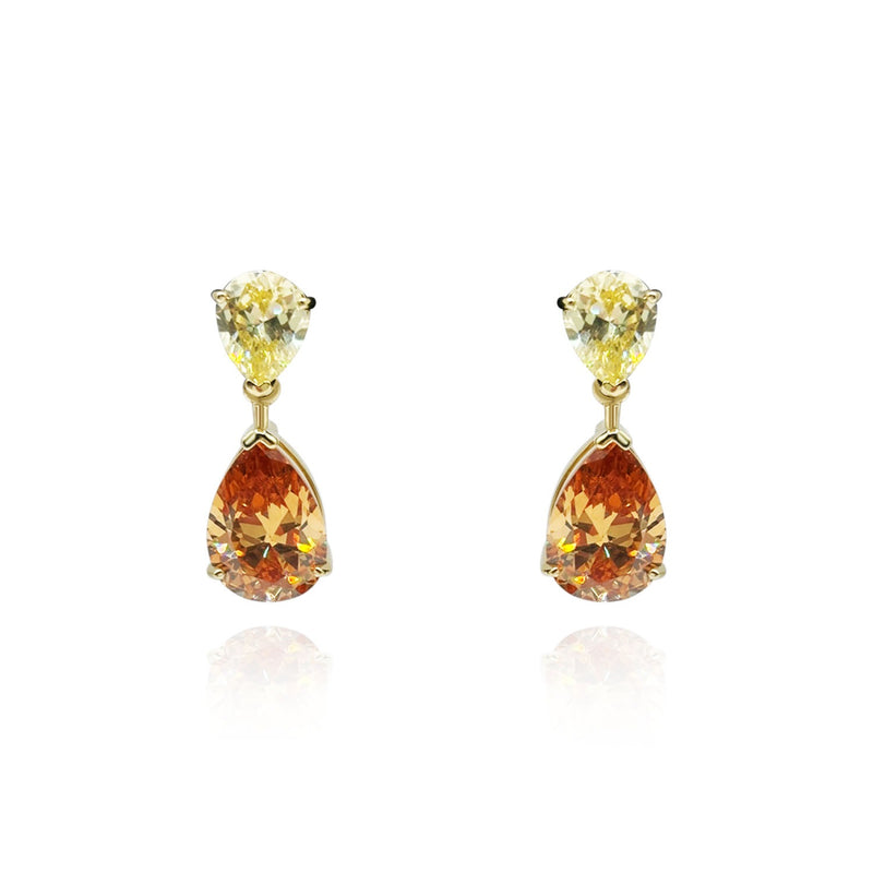 Canary And Brown Diamond Cubic Zirconia Pear Shaped Drop Earrings In Sterling Silver