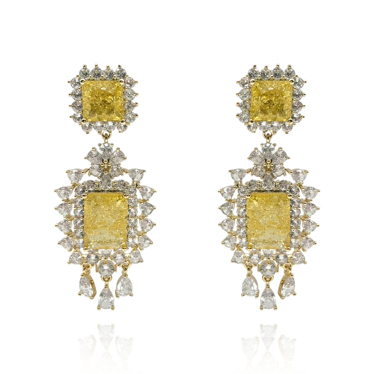 Canary And Crystal Clip On Drop Earrings In Gold Plated Brass Setting