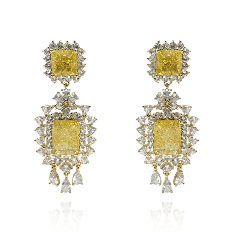 Canary And Crystal Clip On Drop Earrings In Gold Plated Brass Setting