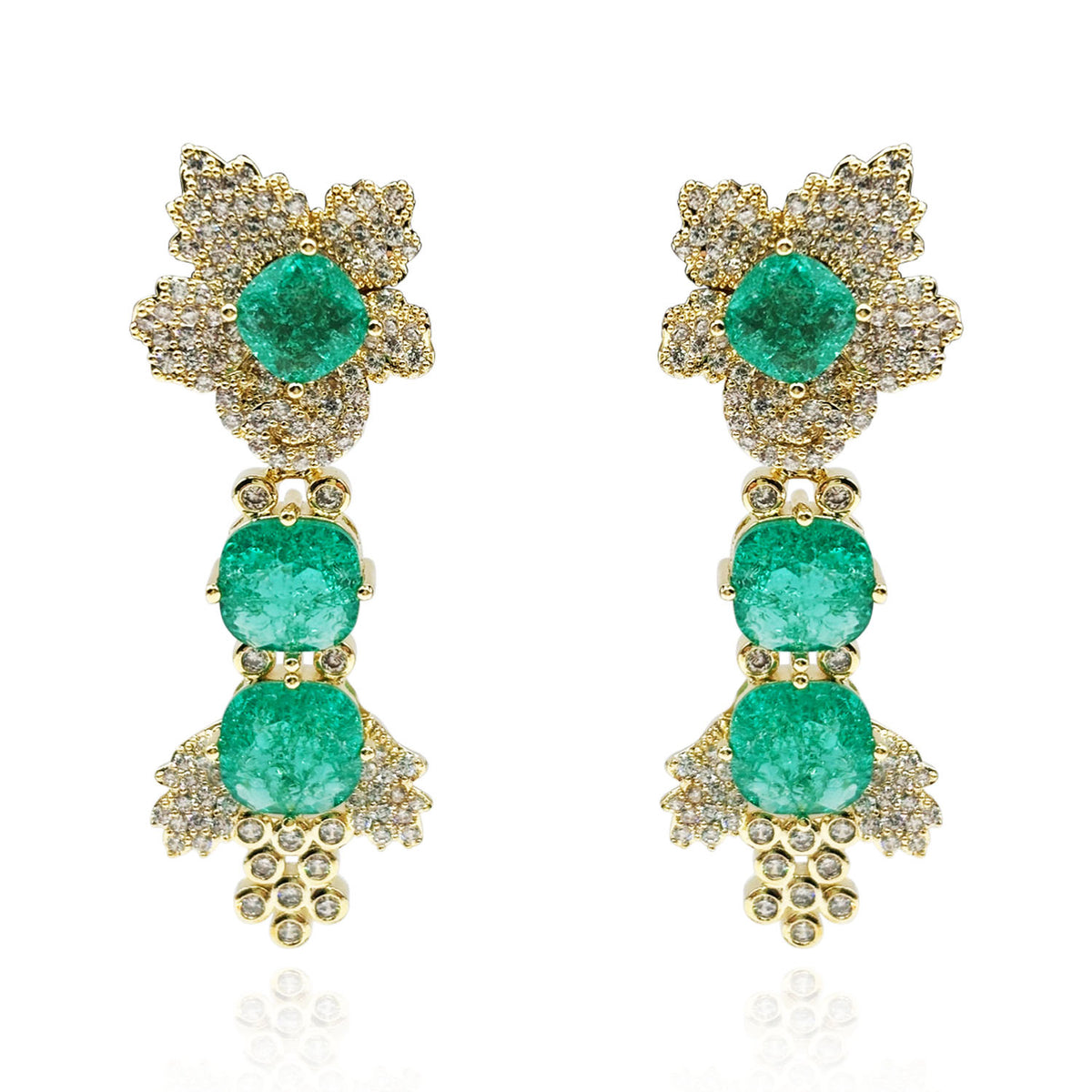 Gold Plated Clip On Drop Earrings With Emerald And Crystal