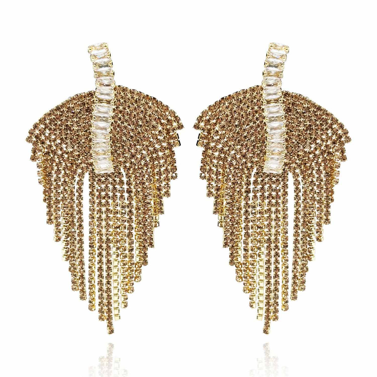 Boucles d'oreilles pendantes à clip en or de style déco avec des accents de cristal et de baguette de cristal