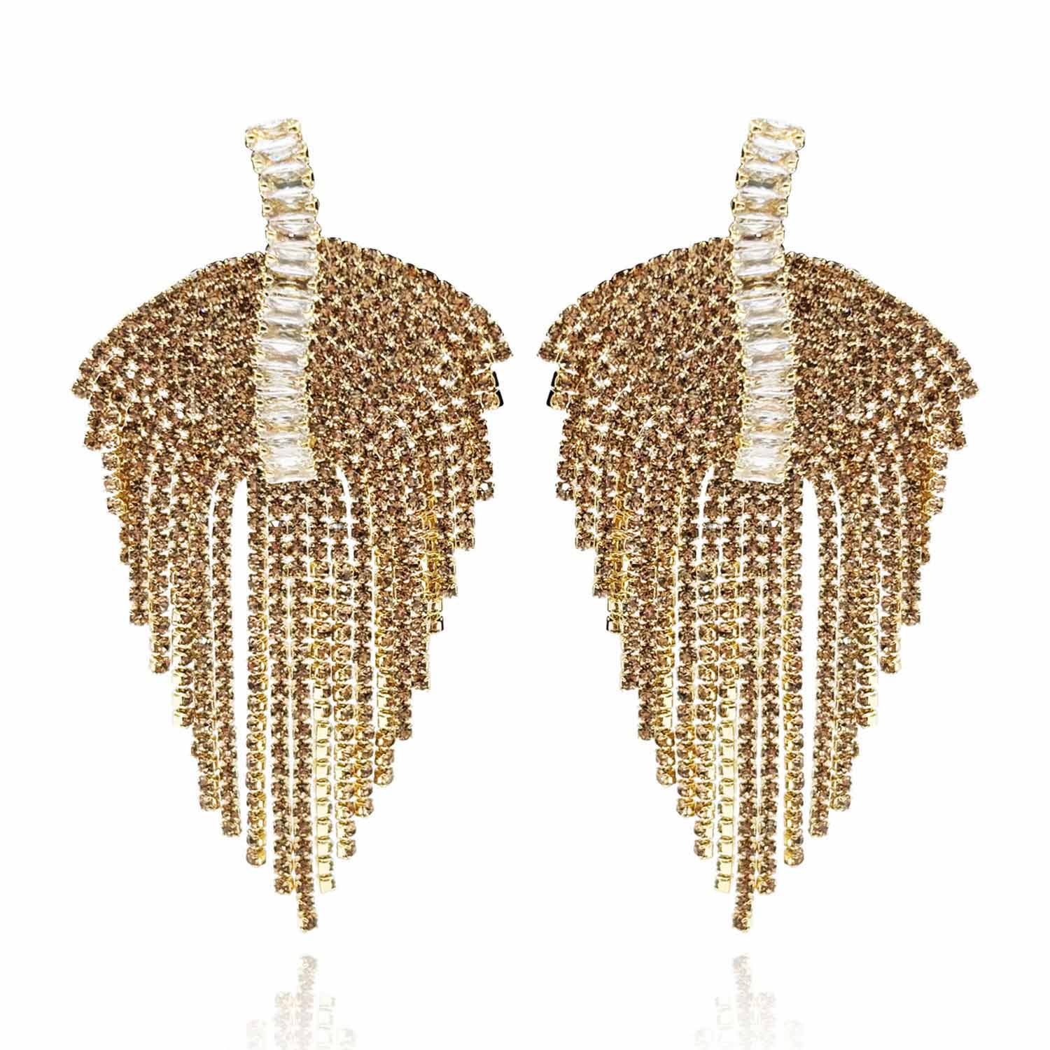 Pendientes colgantes de clip estilo Babette Deco dorados con detalles de cristal y baguette de cristal