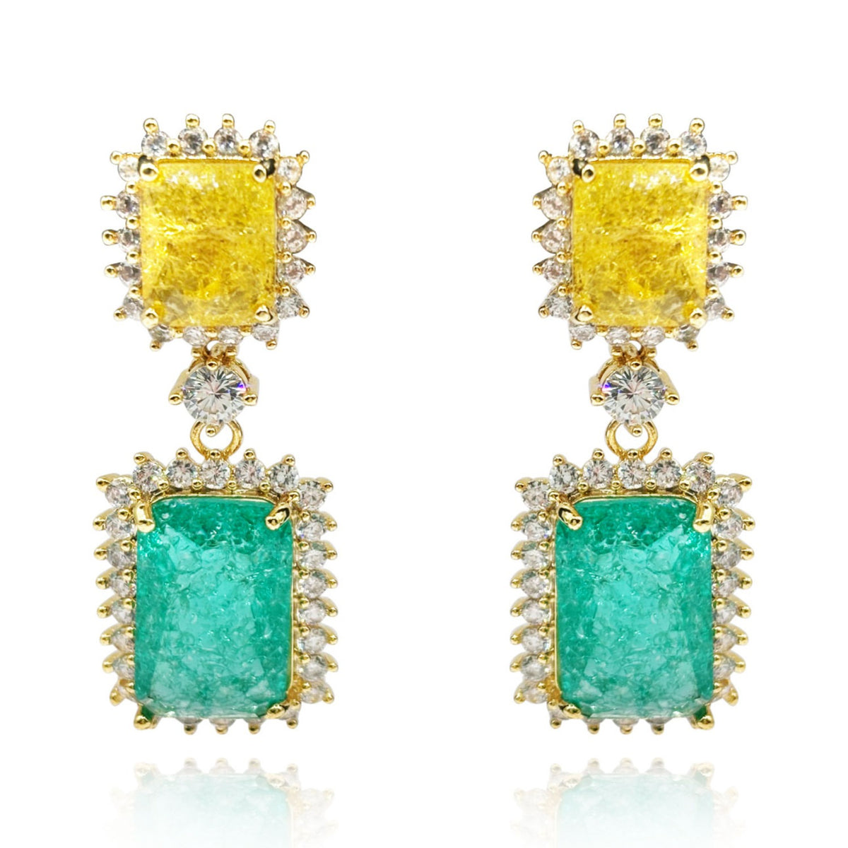 Canary And Emerald Crystal Clip On Earrings In Gold Plated Brass