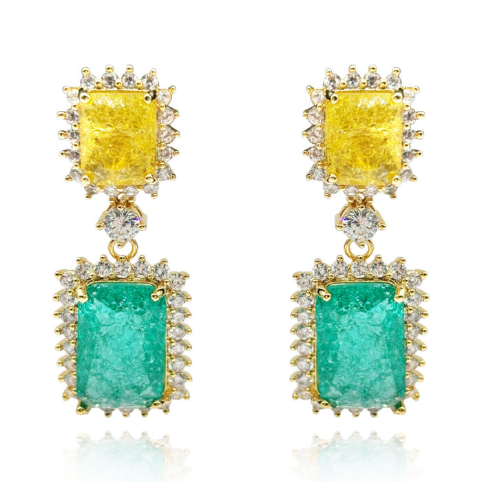 Canary And Emerald Crystal Clip On Earrings In Gold Plated Brass